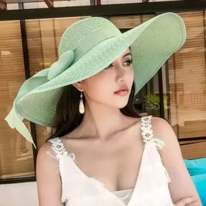 New Summer Women Straw Hat Bowknot Wide Brim Floppy Foldable Panama Hats Adult Outdoor Sun Protection Flat Top Ribbon Beach Cap