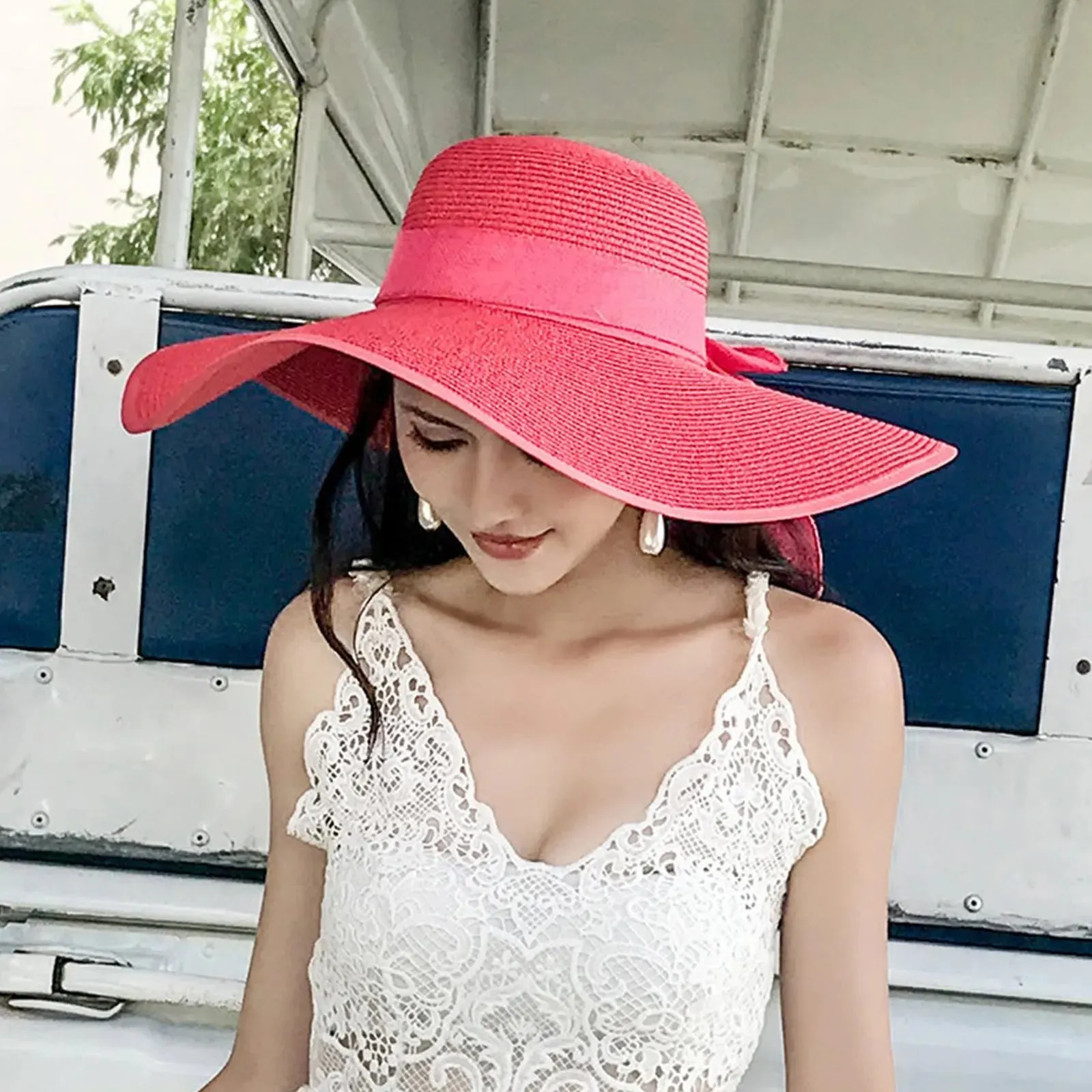 New Summer Women Straw Hat Bowknot Wide Brim Floppy Foldable Panama Hats Adult Outdoor Sun Protection Flat Top Ribbon Beach Cap