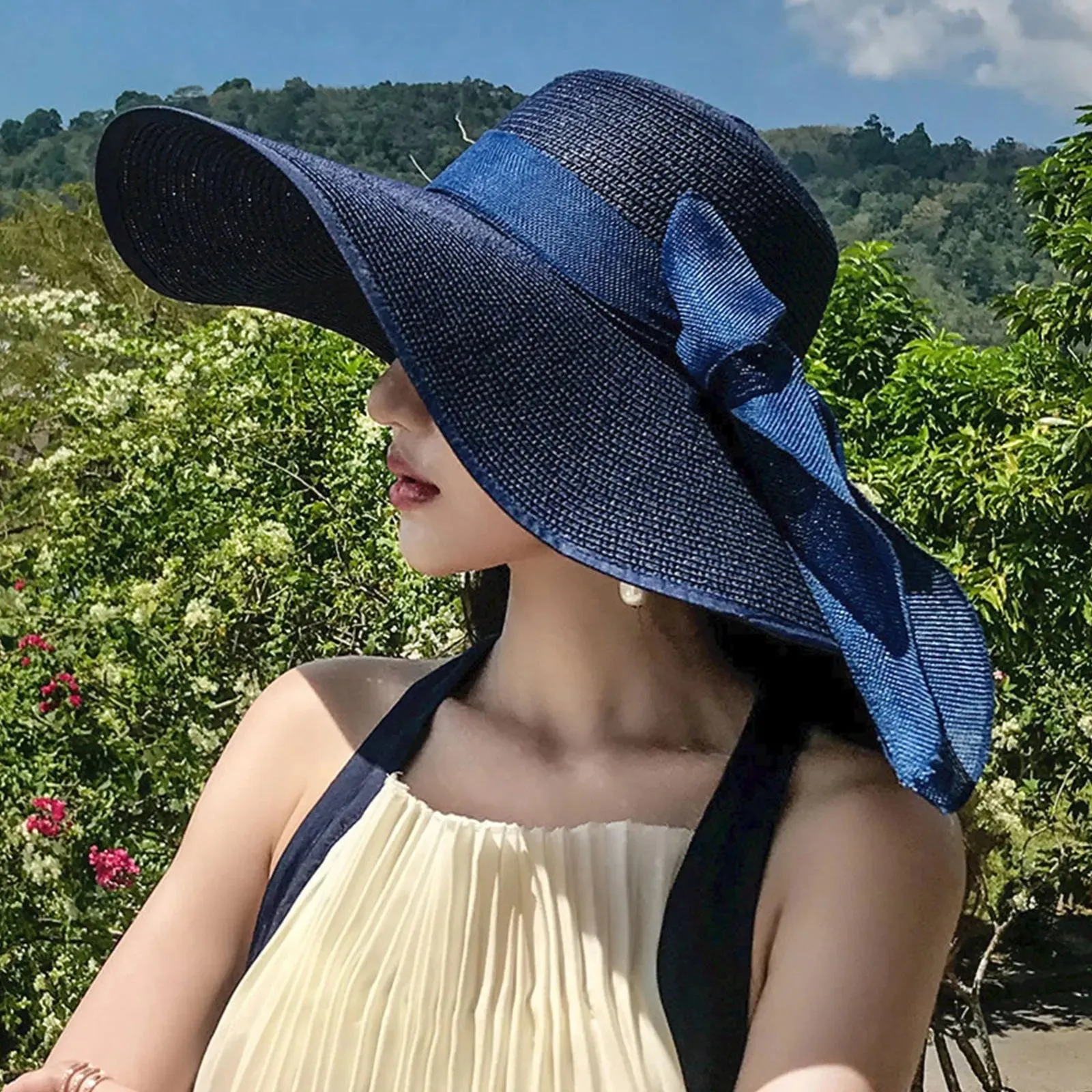 New Summer Women Straw Hat Bowknot Wide Brim Floppy Foldable Panama Hats Adult Outdoor Sun Protection Flat Top Ribbon Beach Cap