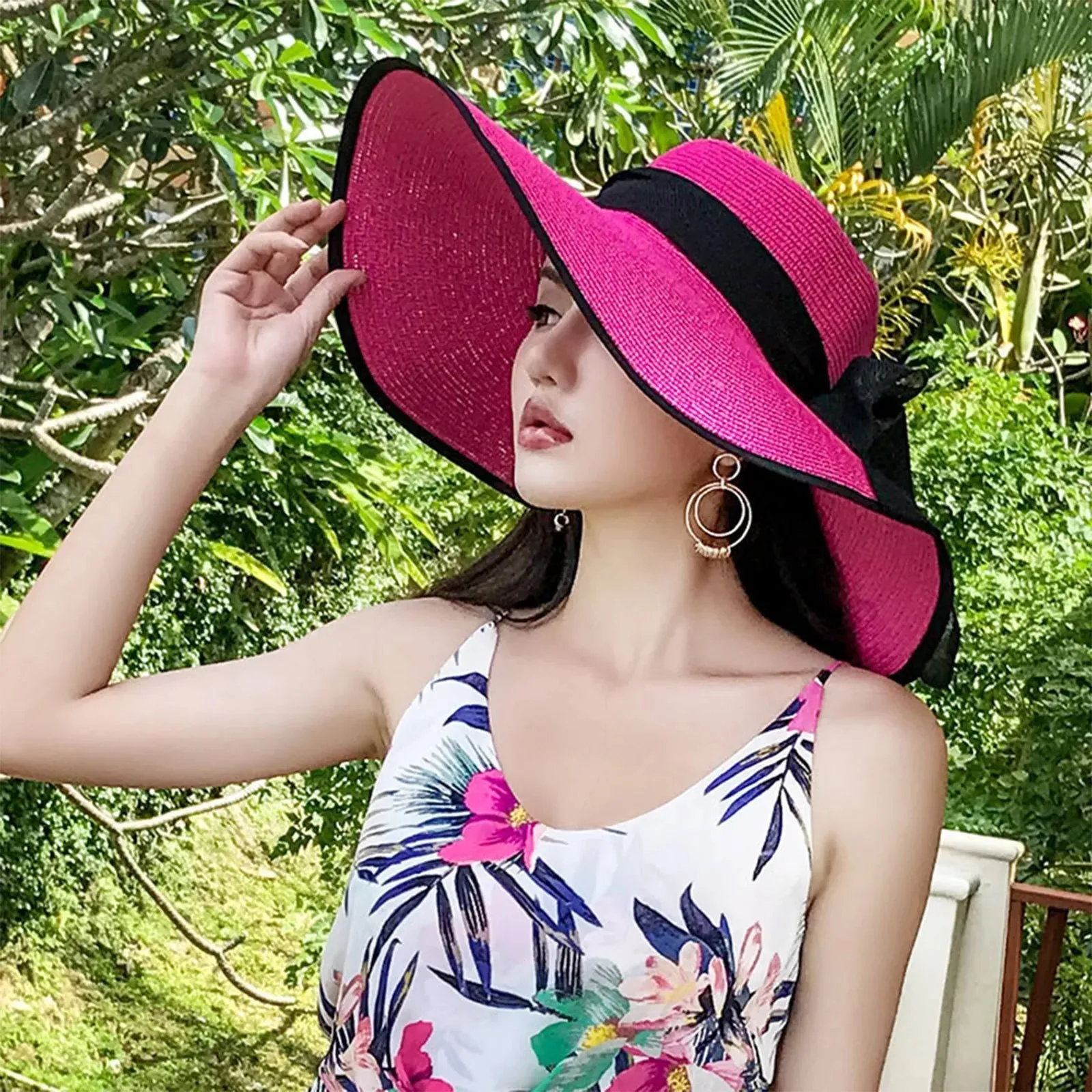 New Summer Women Straw Hat Bowknot Wide Brim Floppy Foldable Panama Hats Adult Outdoor Sun Protection Flat Top Ribbon Beach Cap