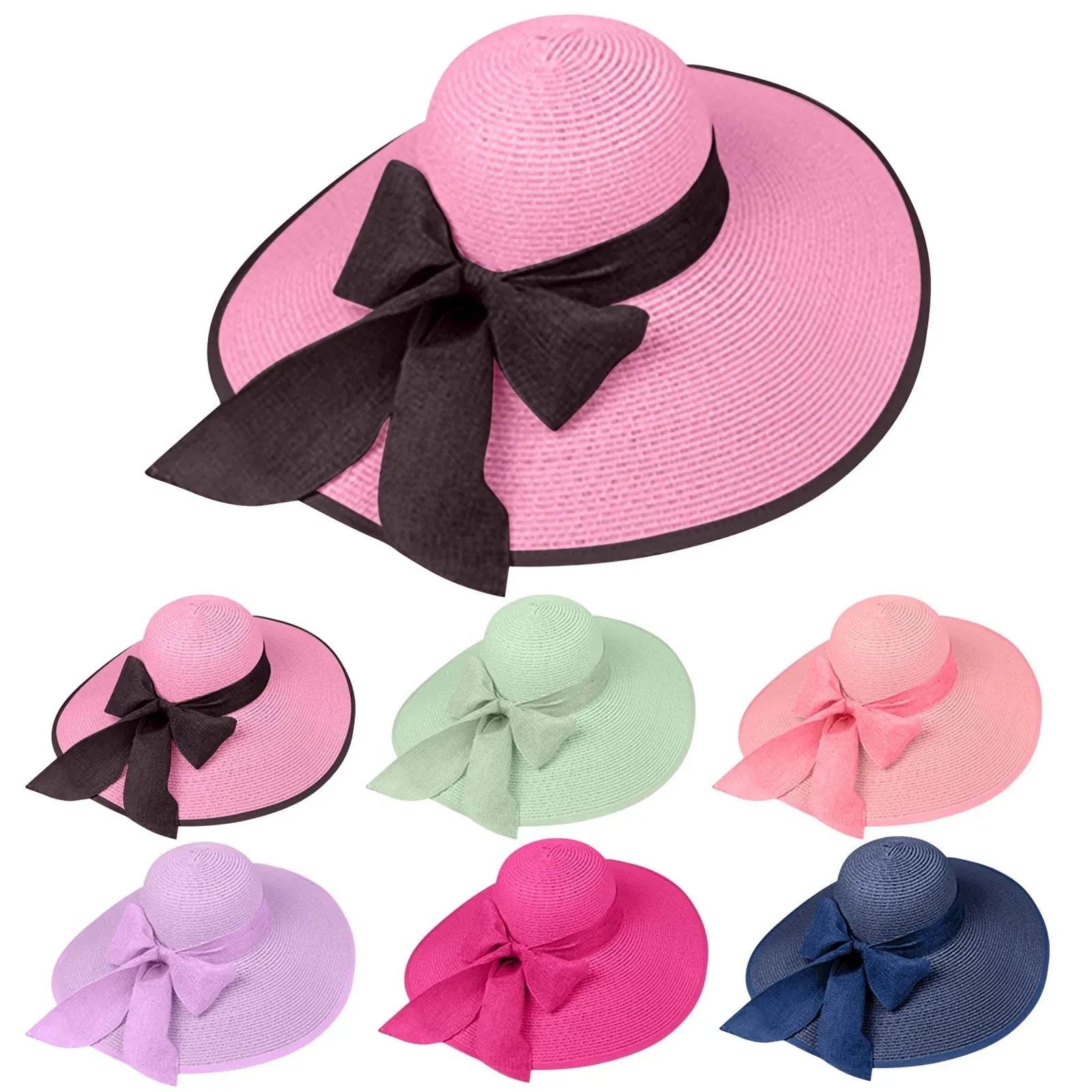 New Summer Women Straw Hat Bowknot Wide Brim Floppy Foldable Panama Hats Adult Outdoor Sun Protection Flat Top Ribbon Beach Cap