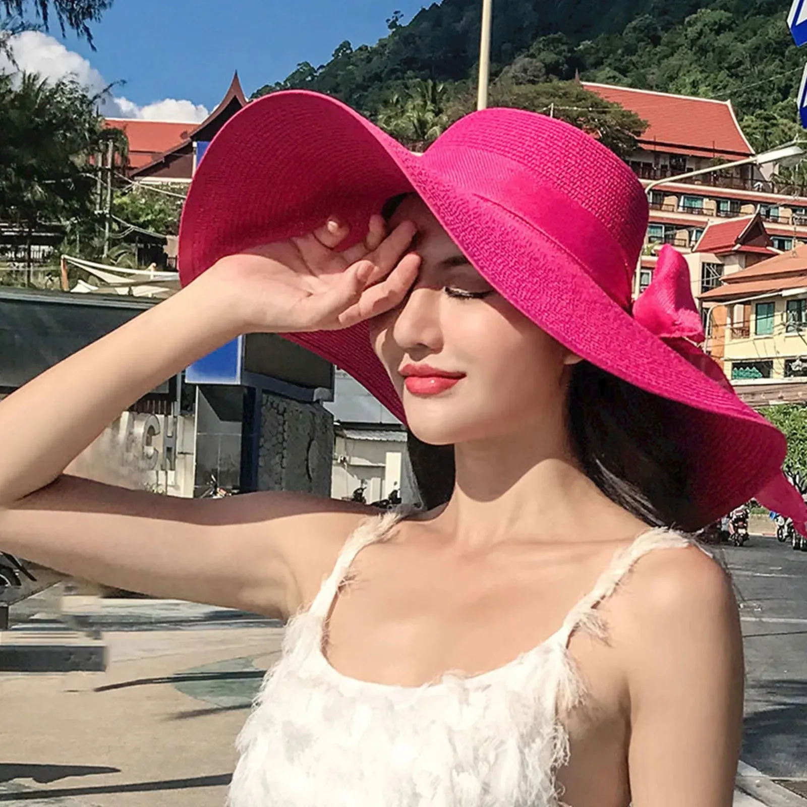 New Summer Women Straw Hat Bowknot Wide Brim Floppy Foldable Panama Hats Adult Outdoor Sun Protection Flat Top Ribbon Beach Cap