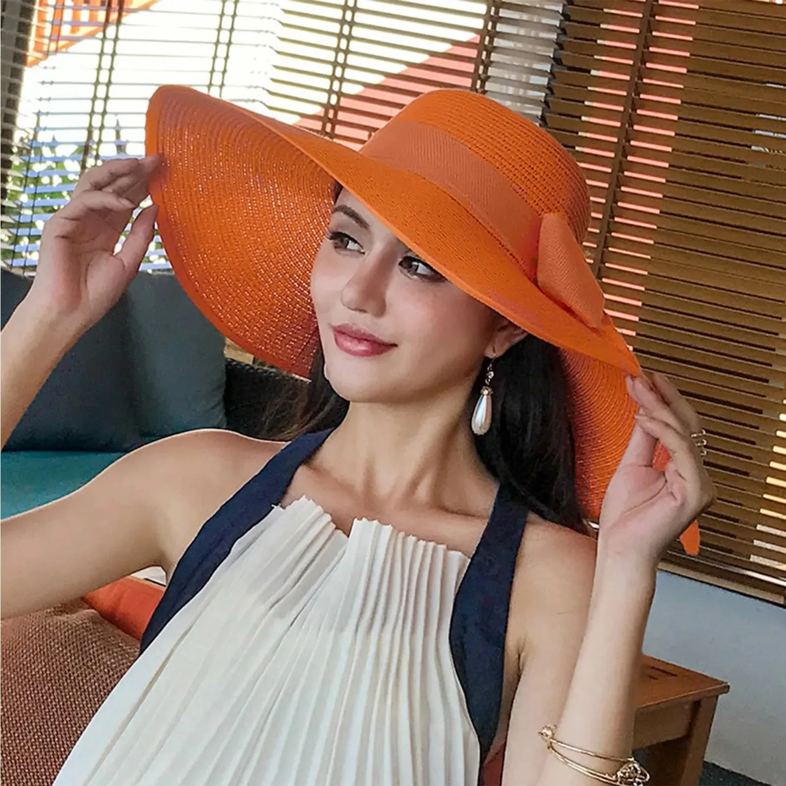 New Summer Women Straw Hat Bowknot Wide Brim Floppy Foldable Panama Hats Adult Outdoor Sun Protection Flat Top Ribbon Beach Cap