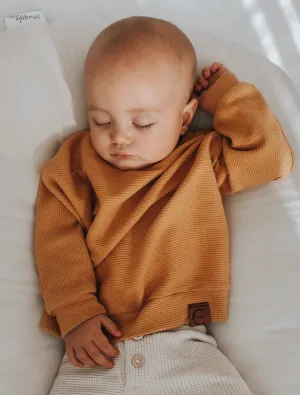 Organic Waffle Knit Crew Neck Pullover - Mustard