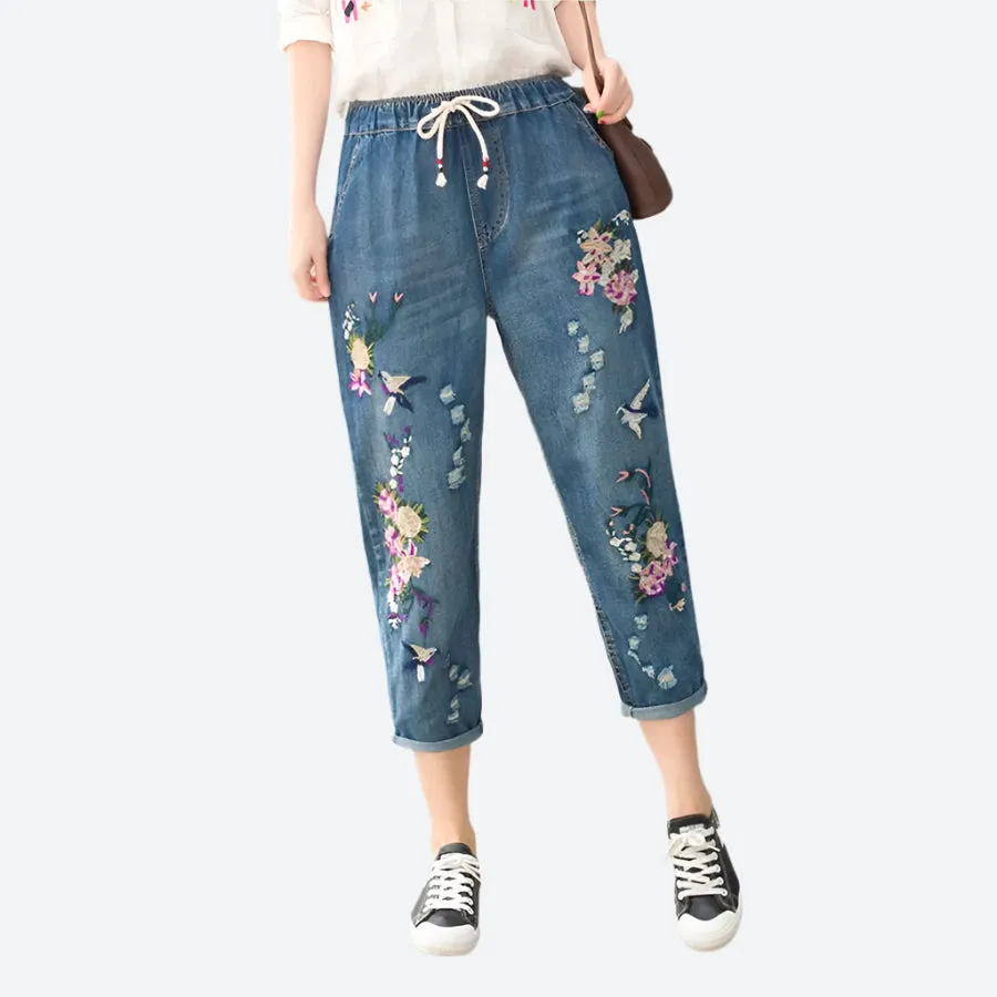 Relaxed Fit Embroidered Denim Pants