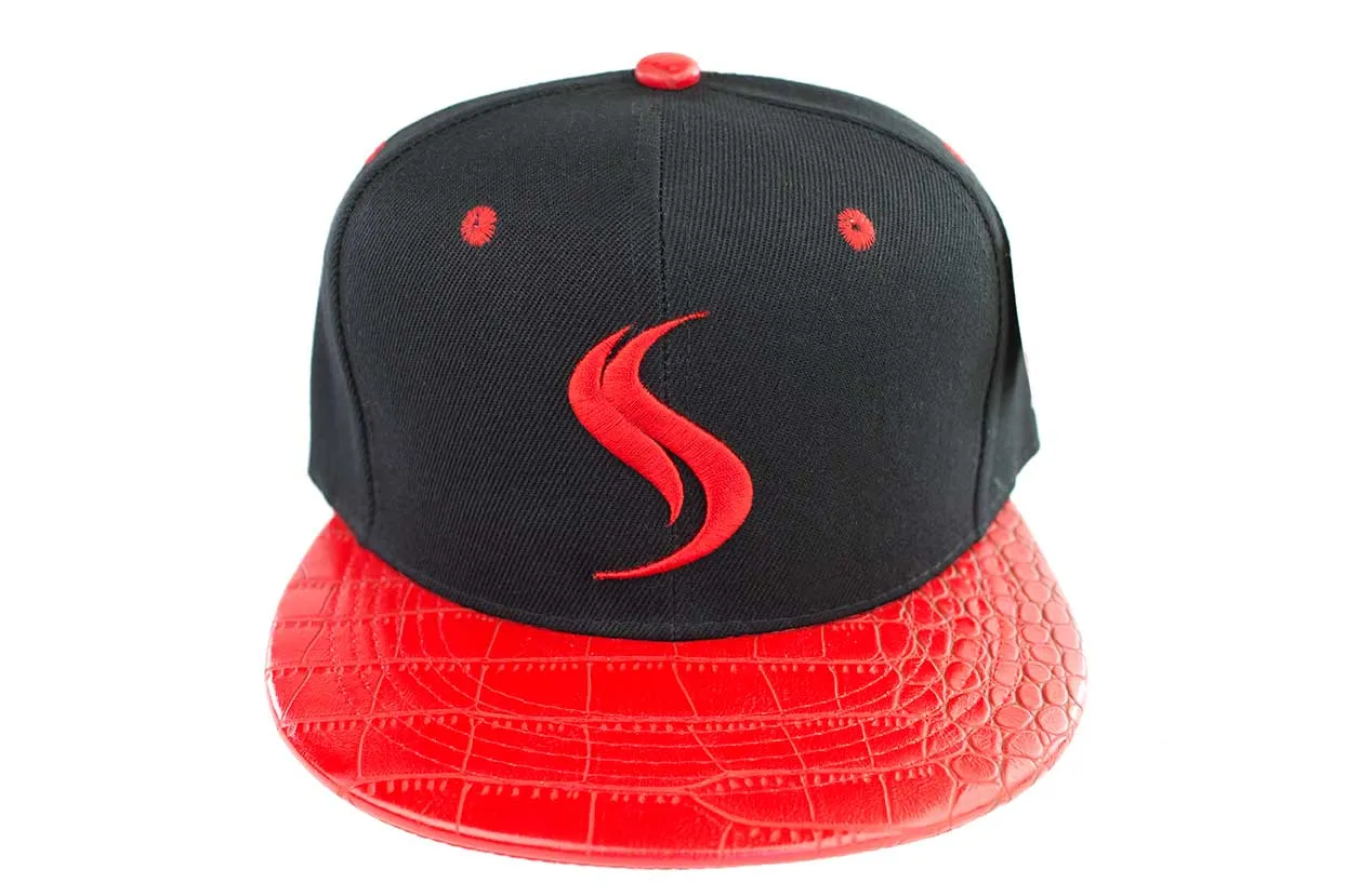 Shatterizer Black Hat with Red Accents, Red Faux Crocodile Bill