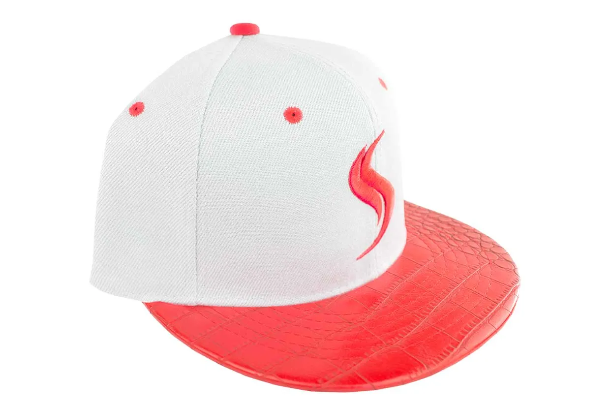 Shatterizer White Hat with Red Accents, Red Faux Crocodile Bill