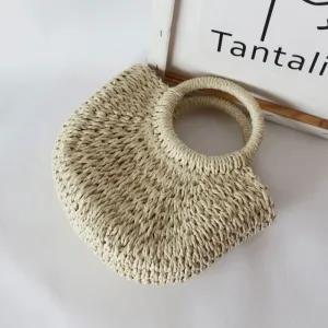Straw Braided Round Beach Handle Handbag