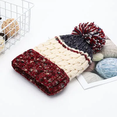 Thermal Hat with Contrast Color and Pompom | Winter Warm Knit Beanie Cap