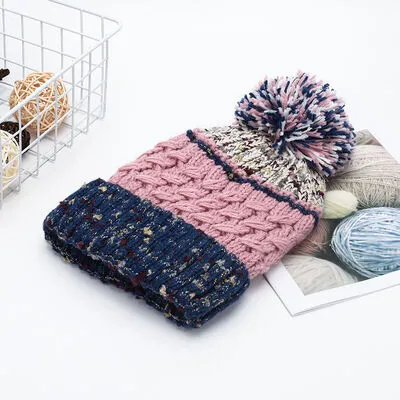 Thermal Hat with Contrast Color and Pompom | Winter Warm Knit Beanie Cap
