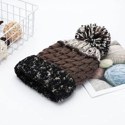 Thermal Hat with Contrast Color and Pompom | Winter Warm Knit Beanie Cap