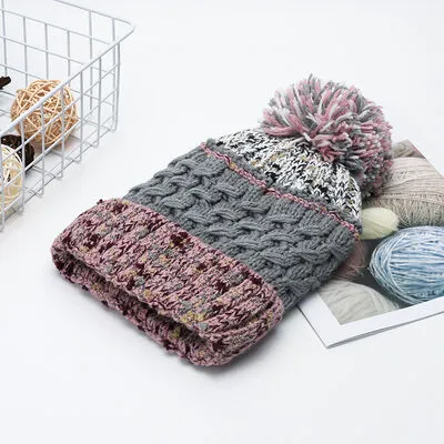 Thermal Hat with Contrast Color and Pompom | Winter Warm Knit Beanie Cap