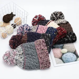 Thermal Hat with Contrast Color and Pompom | Winter Warm Knit Beanie Cap