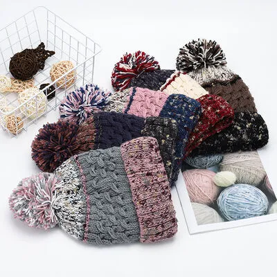 Thermal Hat with Contrast Color and Pompom | Winter Warm Knit Beanie Cap