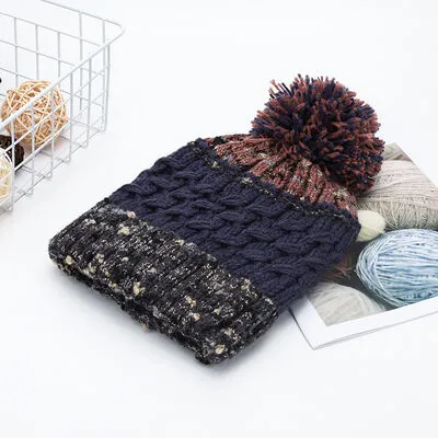 Thermal Hat with Contrast Color and Pompom | Winter Warm Knit Beanie Cap