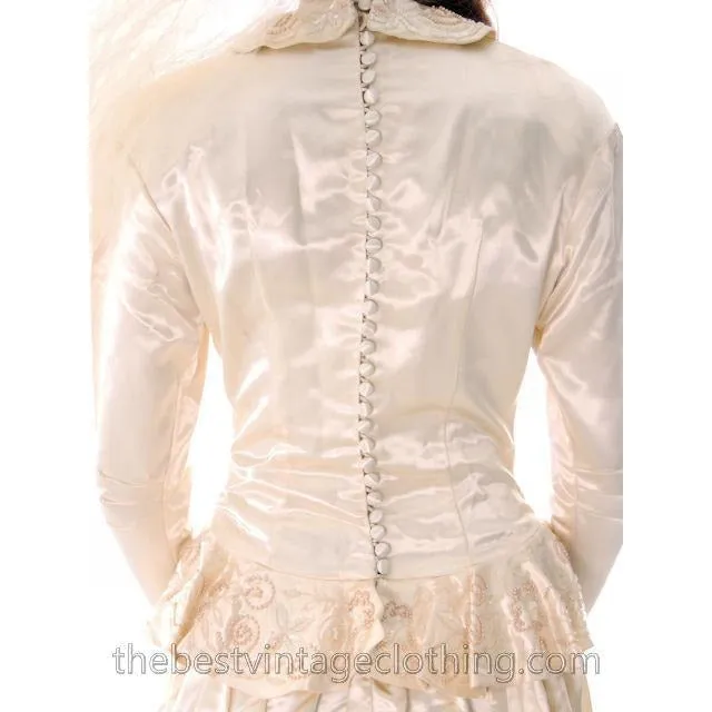 Vintage Wedding Gown 1940s Rayon Satin Long Train Beaded 32-26-free