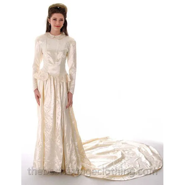 Vintage Wedding Gown 1940s Rayon Satin Long Train Beaded 32-26-free