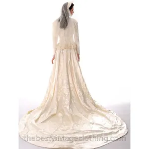 Vintage Wedding Gown 1940s Rayon Satin Long Train Beaded 32-26-free