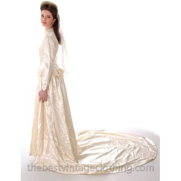 Vintage Wedding Gown 1940s Rayon Satin Long Train Beaded 32-26-free